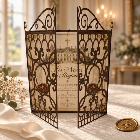 Faire-part mariage château – Les Noces du Royaume Faire-part de mariage médiéval avec portes en forme de grilles de château